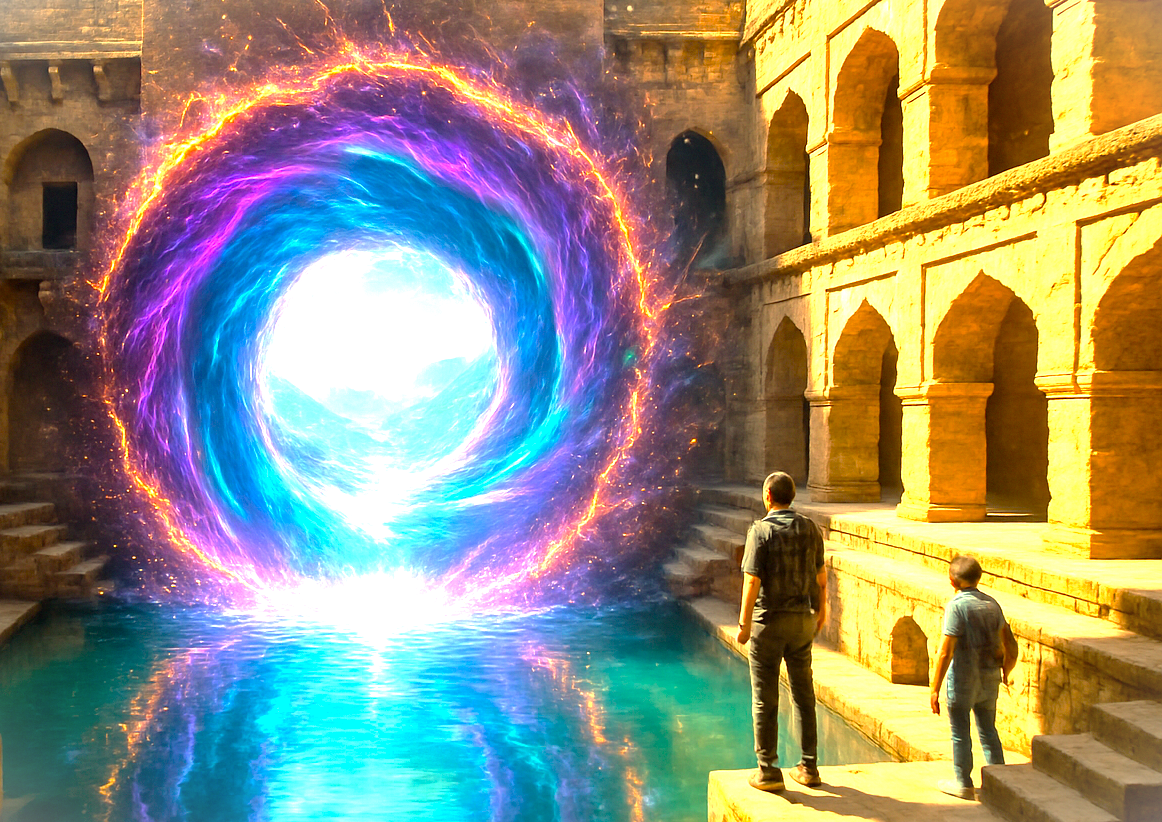 A fantastical graphic of a mythical portal opening at Rajon ki Baoli in Delhi, India, a historic stepwell near UNESCO sites like the Qutb Minar, the UNESCO Red Fort, and the UNESCO Humayun's Tomb. A fantastical graphic of a mythical portal opening at Rajon ki Baoli in Delhi, India, a historic stepwell near UNESCO sites like the Qutb Minar, the UNESCO Red Fort, and the UNESCO Humayun's Tomb.
