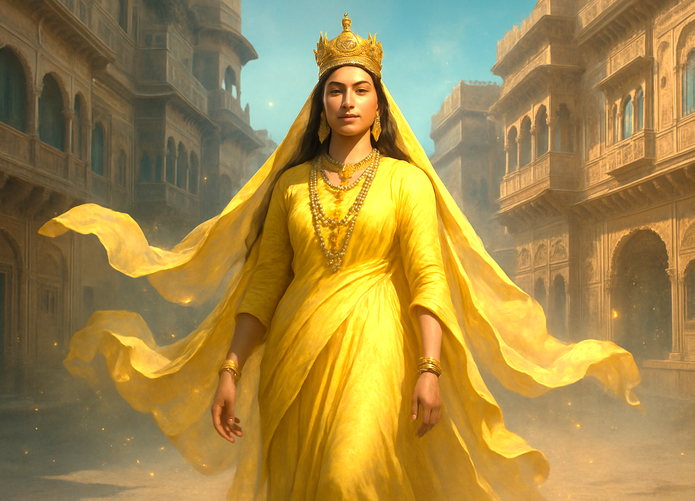 A regal woman adorned in golden traditional attire and jewelry stands majestically before the ornate sandstone courtyard of Rampura Havelis in Bikaner, Rajasthan, India, evoking Thar Desert’s heritage and grandeur. A regal woman adorned in golden traditional attire and jewelry stands majestically before the ornate sandstone courtyard of Rampura Havelis in Bikaner, Rajasthan, India, evoking Thar Desert’s heritage and grandeur.