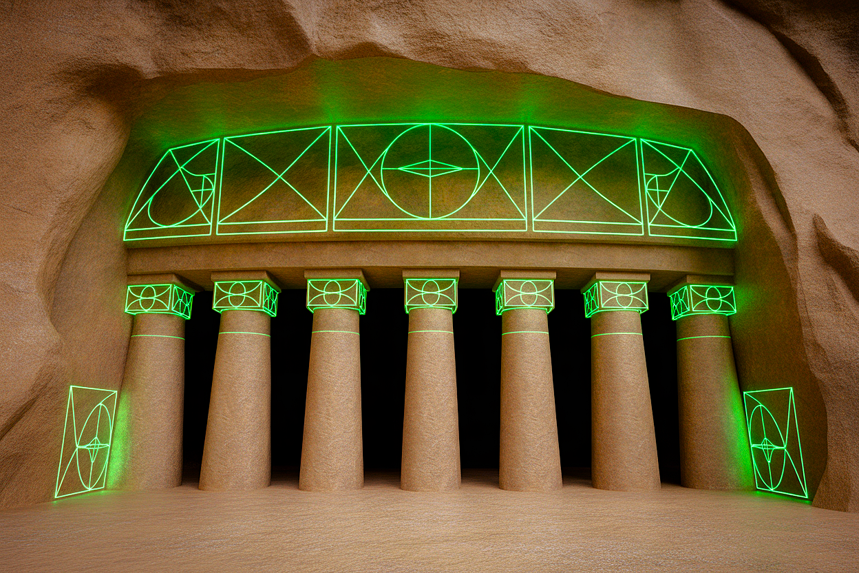 A digital rendering of the Ravana Pralad Cave Temple in Aihole, Karnataka, India, illuminated with sacred geometry, located near Badami and the Pattadakal UNESCO site. A digital rendering of the Ravana Pralad Cave Temple in Aihole, Karnataka, India, illuminated with sacred geometry, located near Badami and the Pattadakal UNESCO site.