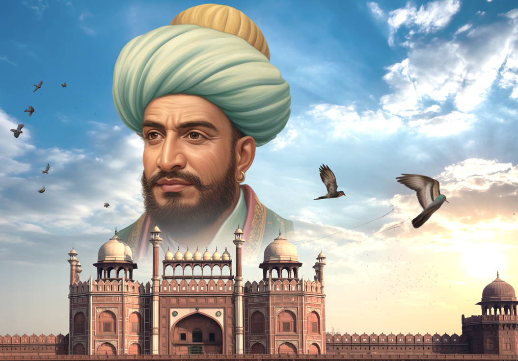 Photorealistic composite of the Red Fort in Delhi, India historic skyline with Jama Masjid domes and enlarged Shah Jahan portrait in green-yellow turban, sunny sky with sun, clouds, pigeons, kites. Photorealistic composite of the Red Fort in Delhi, India historic skyline with Jama Masjid domes and enlarged Shah Jahan portrait in green-yellow turban, sunny sky with sun, clouds, pigeons, kites.