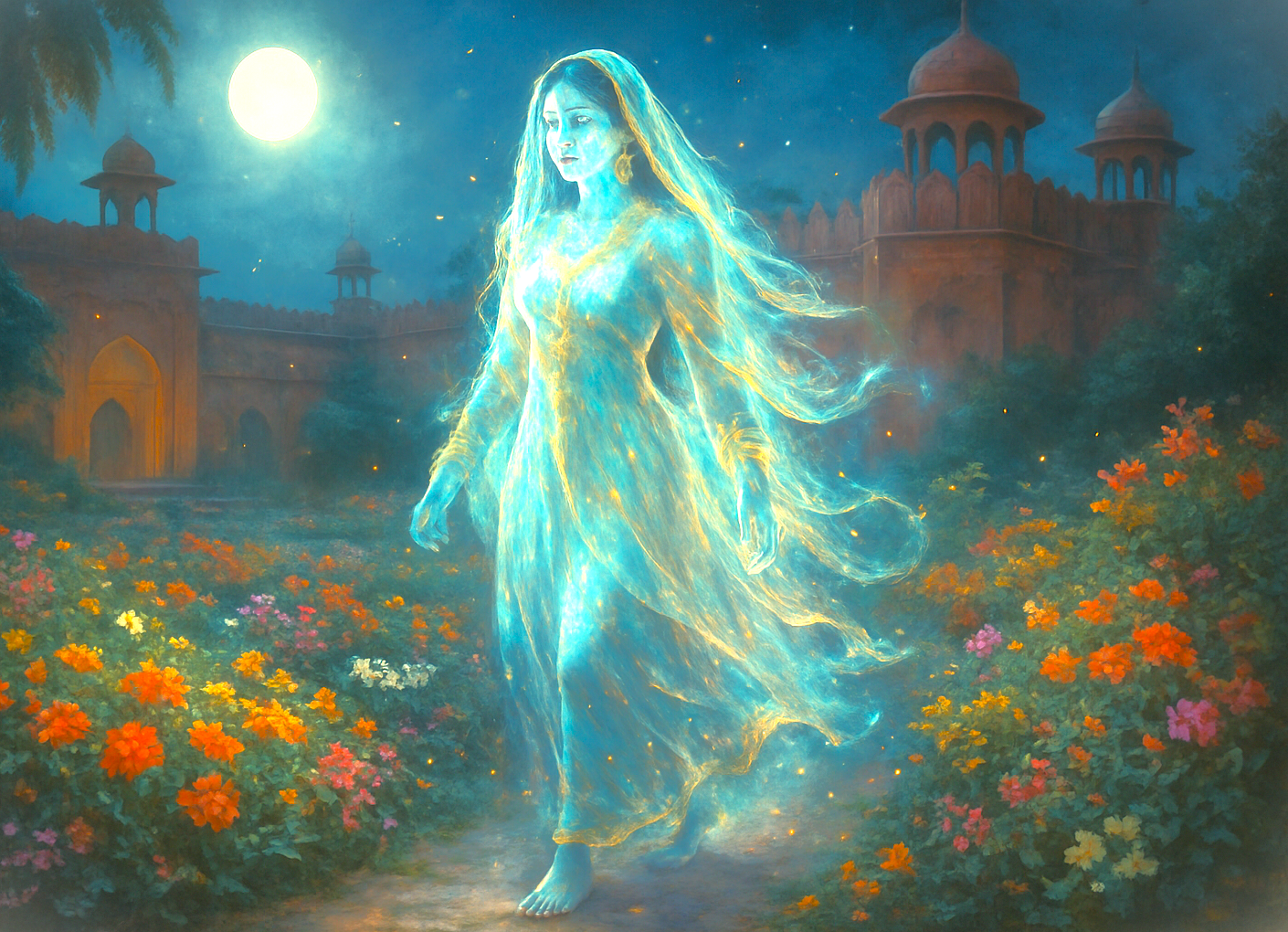 “A luminous female spirit walks barefoot through a vibrant flower garden under a full moon beside the Red Fort in Delhi, India, evoking mystical enchantment, grand ancient architecture, nocturnal wonder.”  “A luminous female spirit walks barefoot through a vibrant flower garden under a full moon beside the Red Fort in Delhi, India, evoking mystical enchantment, grand ancient architecture, nocturnal wonder.”