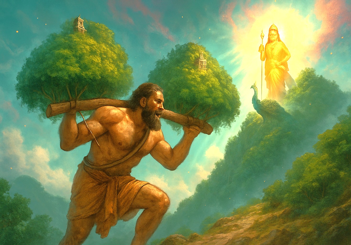 Road trip from Coimbatore to Kodaikanal, Tamil Nadu, India features mythic devotee Idumban carrying twin hillocks on a wooden yoke near Palani temple, peacock blessing. Road trip from Coimbatore to Kodaikanal, Tamil Nadu, India features mythic devotee Idumban carrying twin hillocks on a wooden yoke near Palani temple, peacock blessing.