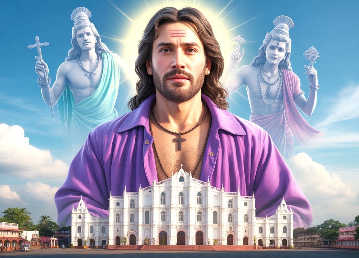 Ultra-realistic digital portrait of Jesus with flowing hair and cross necklace behind the iconic white Saint Francis Church in South India’s Kerala Kochi, blending spirituality, architectural heritage, and light effects. Ultra-realistic digital portrait of Jesus with flowing hair and cross necklace behind the iconic white Saint Francis Church in South India’s Kerala Kochi, blending spirituality, architectural heritage, and light effects.