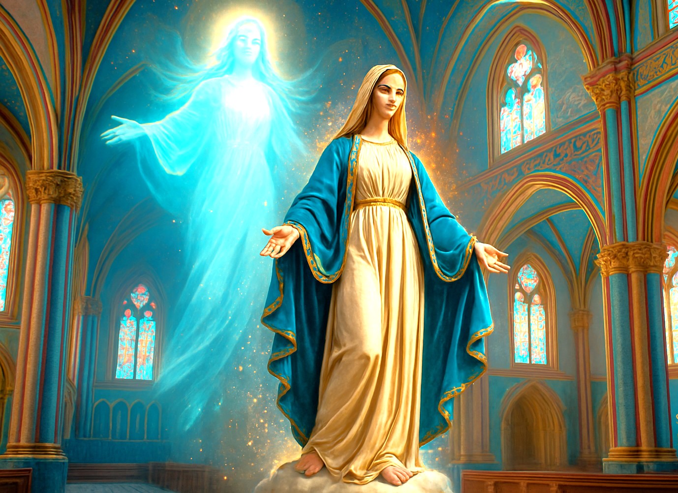 Statue of the Virgin Mary inside Saint Mary’s Basilica Kochi radiates ethereal light as her spirit ascends behind, framed by stained glass and soaring arches in Kerala’s South India cathedral. Statue of the Virgin Mary inside Saint Mary’s Basilica Kochi radiates ethereal light as her spirit ascends behind, framed by stained glass and soaring arches in Kerala’s South India cathedral.