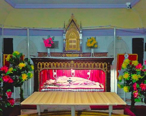 Explore the ornate glass shrine housing Saint Philomena’s remains inside Saint Philomena’s Cathedral in Mysore, Karnataka, India, a pilgrimage en route from Bangalore to Coimbatore with illuminated Mysore Palace nearby.