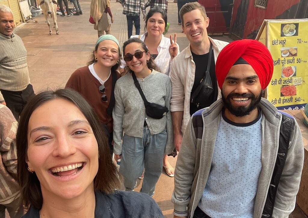 A group of tourists taking a selfie outside Saint Philomena’s Cathedral in Mysore, Karnataka, India.