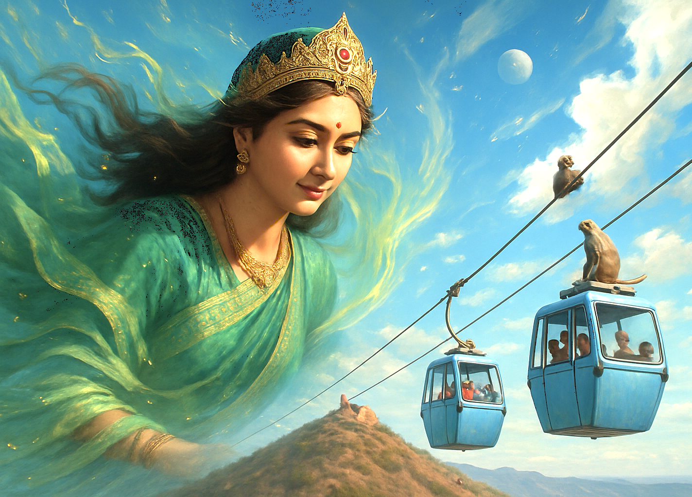 Depicts a Hindu princess flying beside cable cars with monkeys at Savitri Temple Ropeway in Pushkar, Rajasthan, India near Ajmer, between Jaipur and Agra en route to the Taj Mahal.