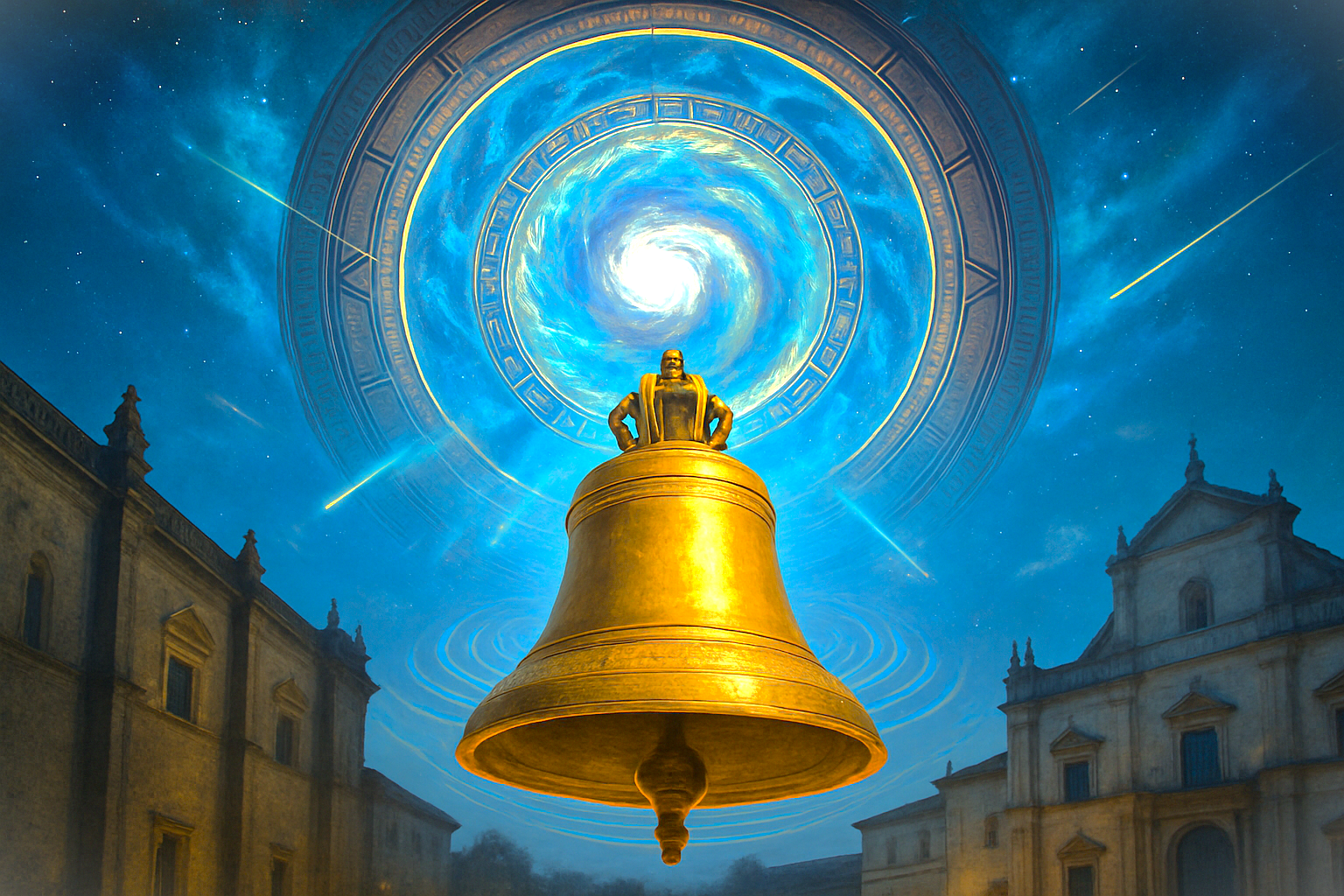 A surreal digital artwork depicts the famous Golden Bell of Se Cathedral, part of the Old Goa Unesco churches, against a fantasy sky in Goa, India, a region known for its beaches.