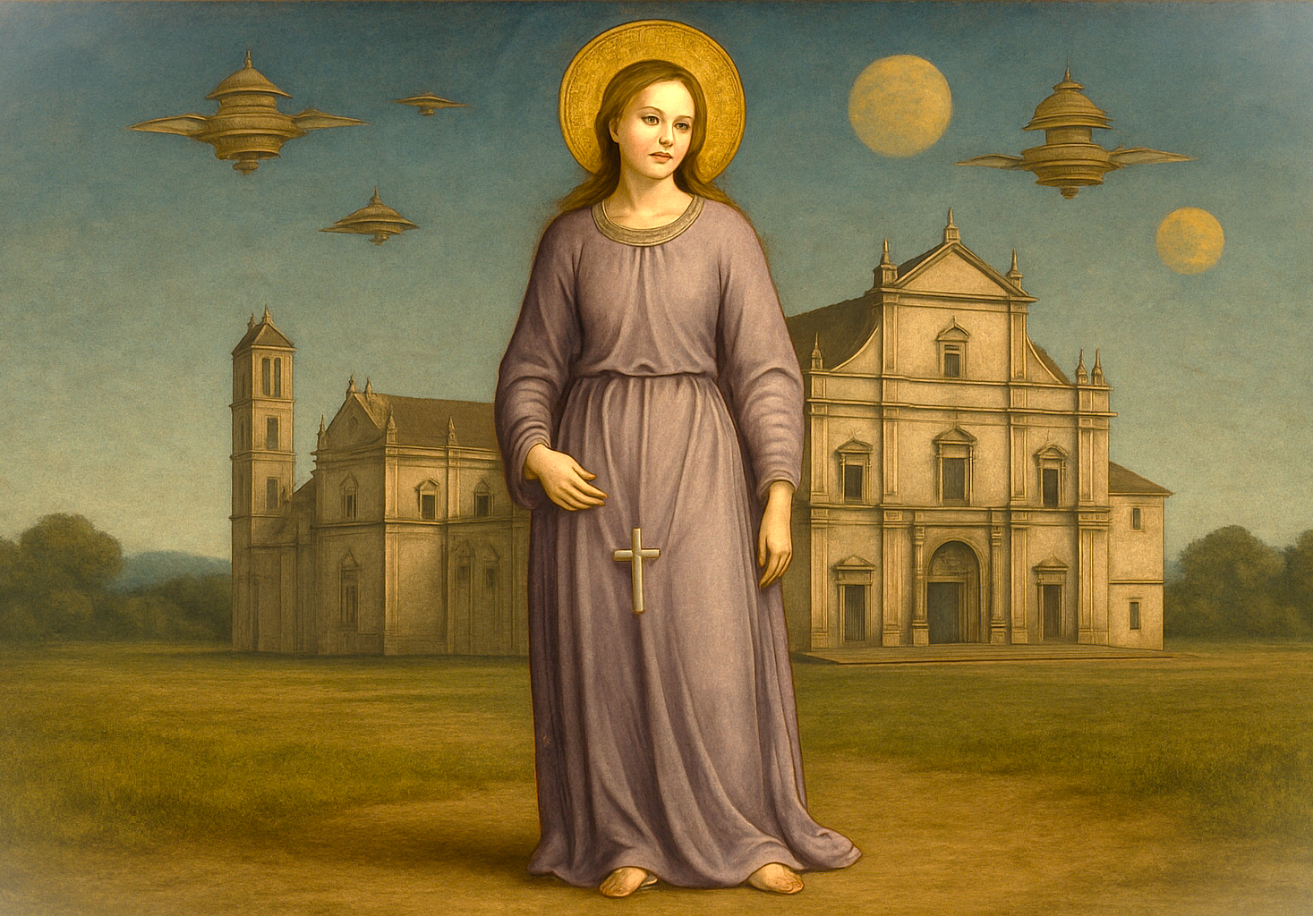 A surreal painting depicts St. Catherine before the Se Cathedral, one of the Unesco churches in Old Goa, Goa, India, under a fantasy sky with moons and UFOs.