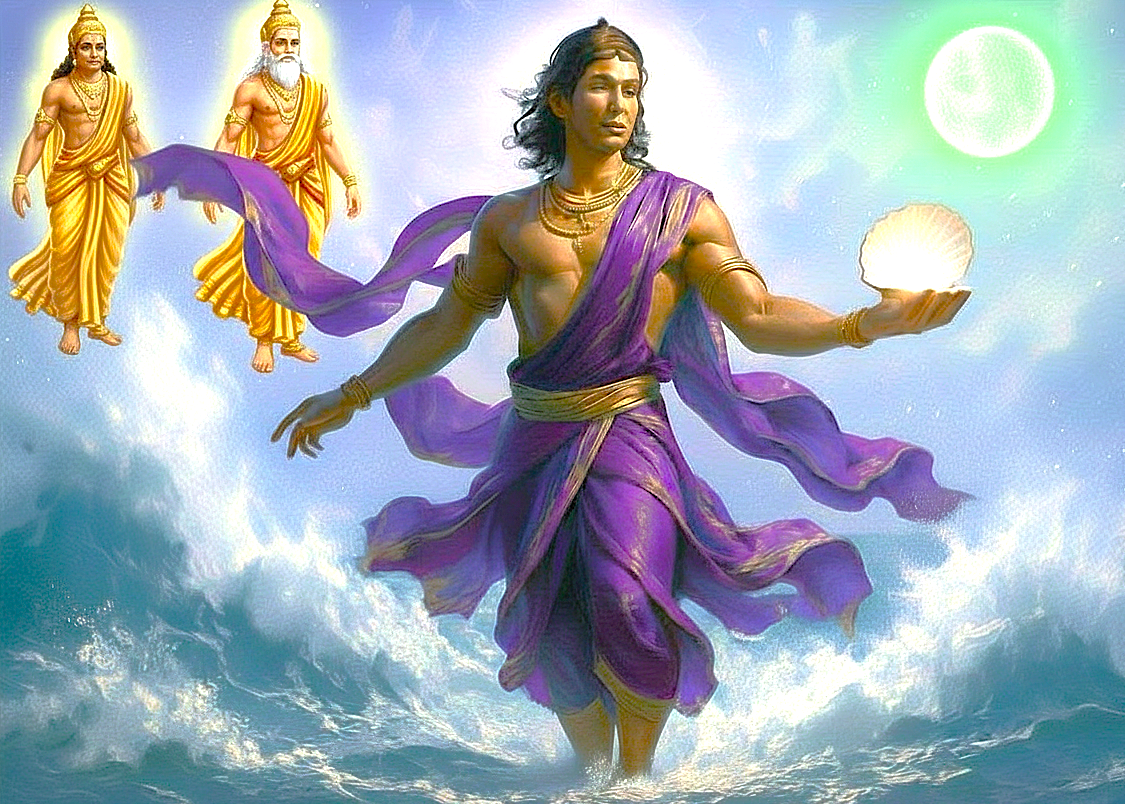 Discover the mystical divine sea shell museum exhibit in Mysore, Karnataka, India, near Bangalore to Coimbatore, featuring a glowing deity emerging from water, with Mysore Palace lit up shimmering nearby.