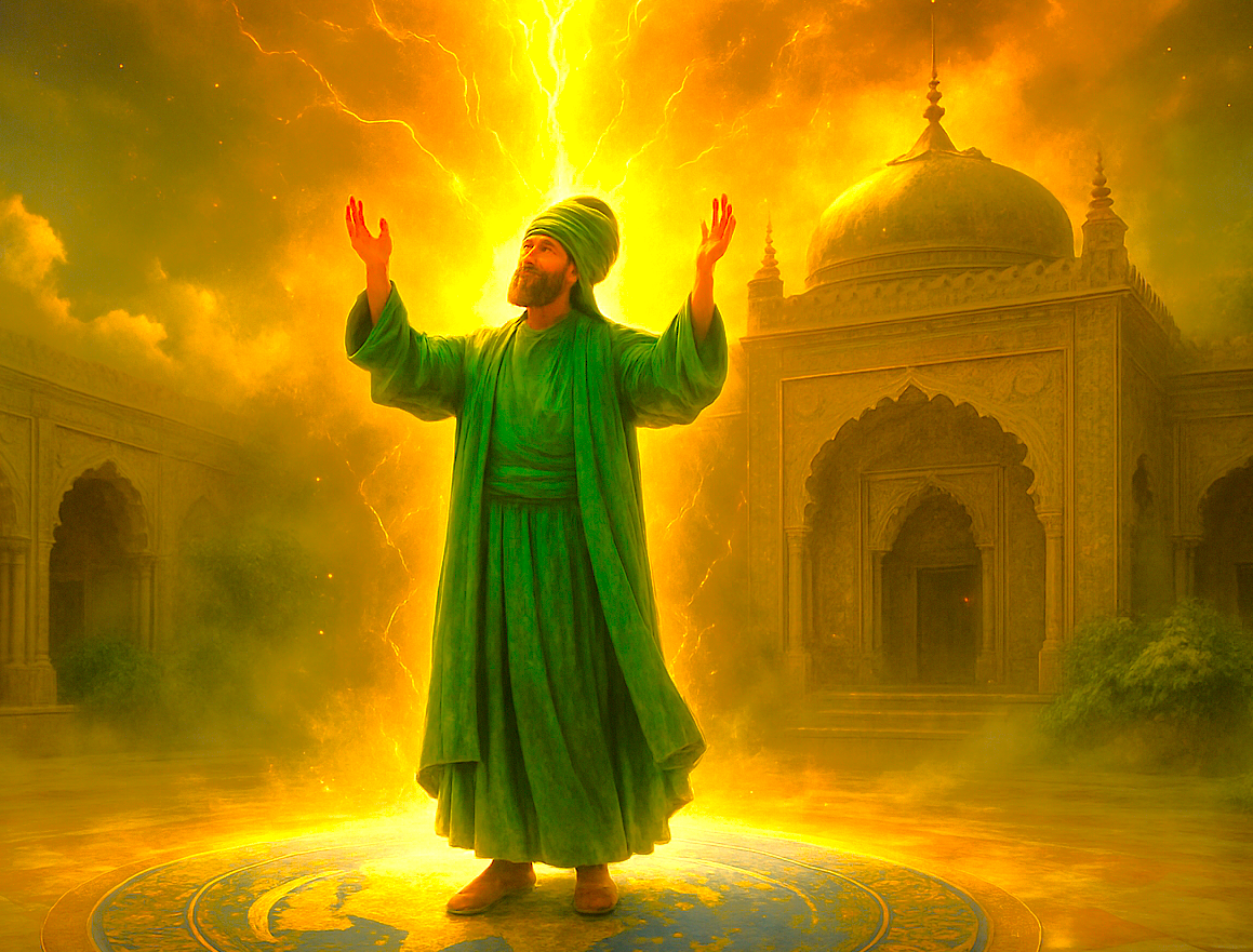 Radiant Sufi saint linking Earth to the divine at Shahganj Dargah, Aurangabad, Maharashtra, India, framed by intricate Islamic arches, invoking spiritual majesty near UNESCO Ellora and Ajanta Caves pilgrimage destination.