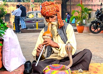 Snake charmer performing with cobra outside Shahganj Dargah in Aurangabad, Maharashtra, near UNESCO Ellora and Ajanta Caves, showcasing India’s vibrant spiritual heritage and cultural diversity as a top tourism highlight.