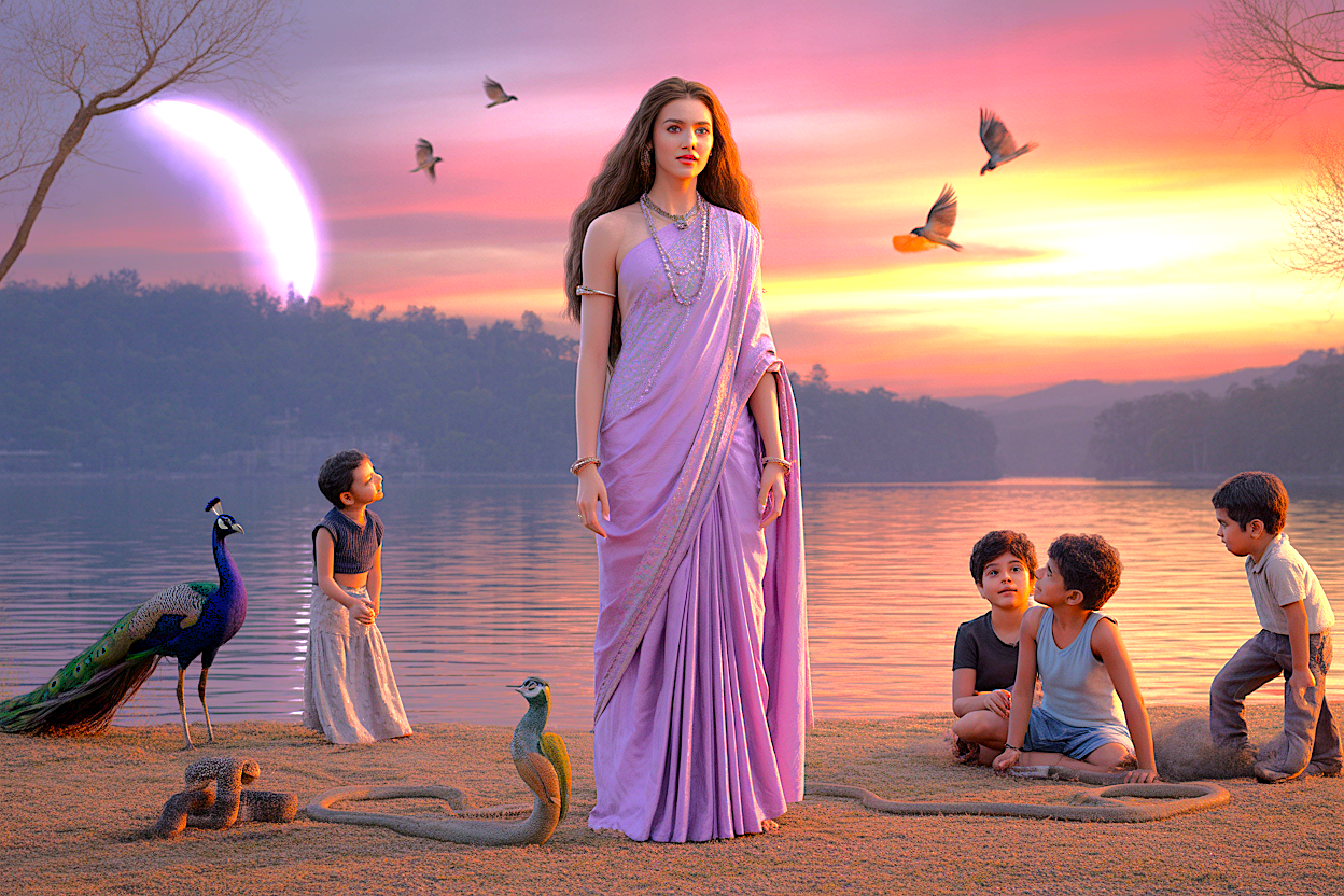 This artistic vision for Shalmar Weaves in Kodaikanal, Tamil Nadu, illustrates the graceful relationship between a divine protector and children, captivating tourists in India who also visit Madurai, Meenakshi Temple, and Munnar near the Unesco Western Ghats.