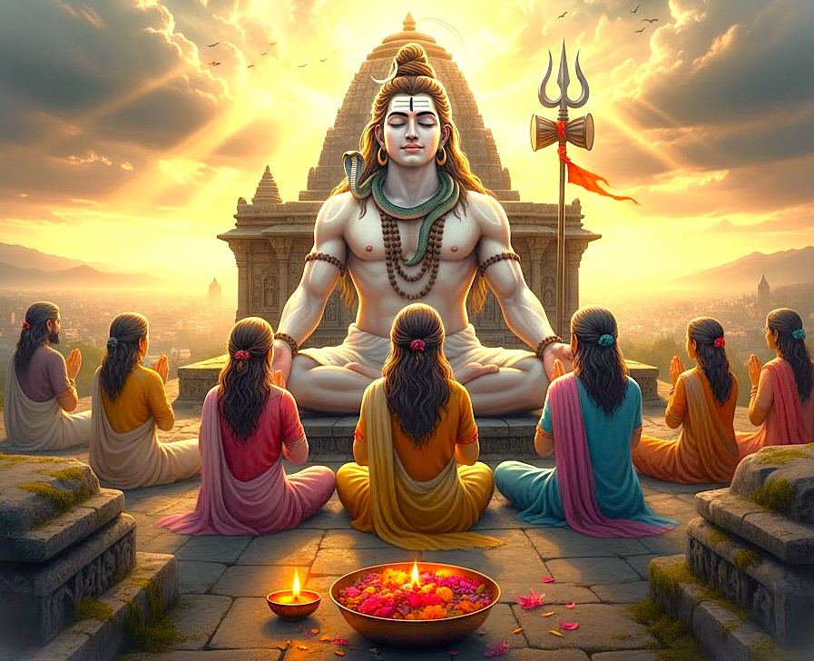 A divine depiction of Lord Shiva and devotees at the Shankaracharya Temple on its Hill, a revered site in Srinagar, Kashmir-India, blending spirituality with the views of the Himalayas. A divine depiction of Lord Shiva and devotees at the Shankaracharya Temple on its Hill, a revered site in Srinagar, Kashmir-India, blending spirituality with the views of the Himalayas.