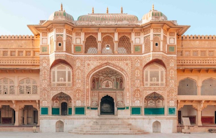 Ornate Sheesh Mahal in Jaipur, Rajasthan, India, features historic mirrored mosaic walls, intricate arched facades, and reflective glasswork exemplifying royal Mughal artistry and UNESCO heritage status, captivating global architecture enthusiasts.
