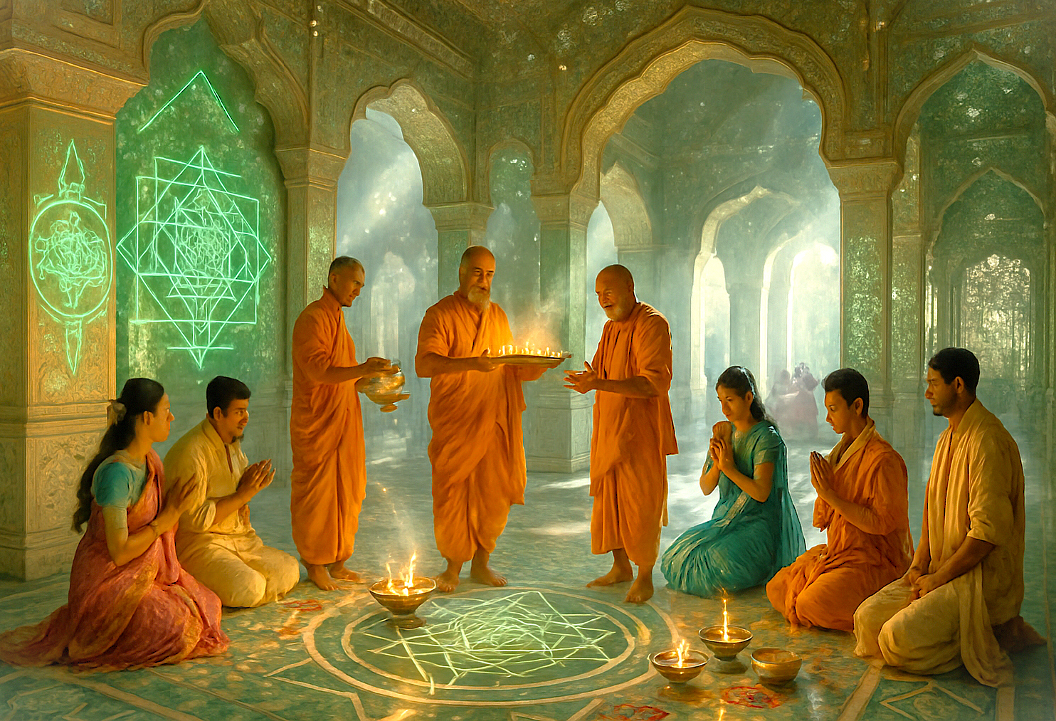 Traditional Hindu puja ceremony featuring luminous Sri Yantra sacred geometry intricately carved into mirrored pillars at Jaipur's UNESCO heritage Sheesh Mahal palace in Rajasthan, India, showcasing divine cosmic architectural symbolism.