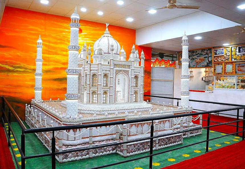 Intricate seashell Taj Mahal replica exhibited at the Sea Shell Museum in Mysore, Karnataka, India, showcasing exquisite craftsmanship, heritage artistry, immersive educational cultural tourism attraction.
