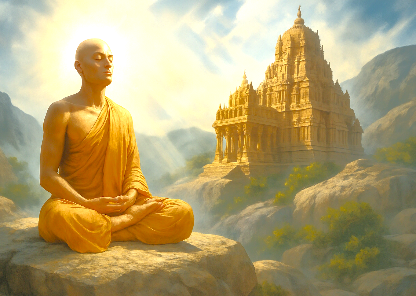 A serene Jain monk meditates amid the mountain landscape of the majestic Samarnar Hills near Madurai in Tamil Nadu, South India, showcasing ancient temple architecture and a luminous spiritual aura. A serene Jain monk meditates amid the mountain landscape of the majestic Samarnar Hills near Madurai in Tamil Nadu, South India, showcasing ancient temple architecture and a luminous spiritual aura.