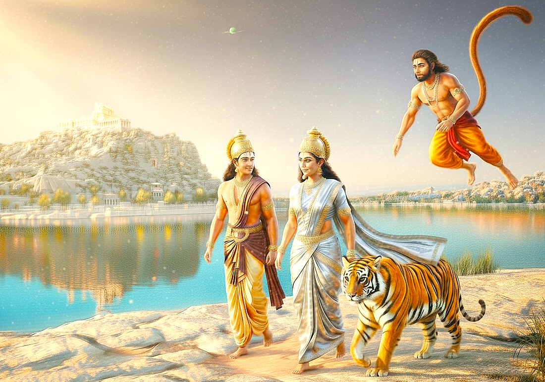 This artistic depiction shows Ramayana legends of Hampi's Sanapur Lake in Karnataka, India, a UNESCO site near Vittala Temple, the Queen's Baths, and the famous elephant stables. This artistic depiction shows Ramayana legends of Hampi's Sanapur Lake in Karnataka, India, a UNESCO site near Vittala Temple, the Queen's Baths, and the famous elephant stables.