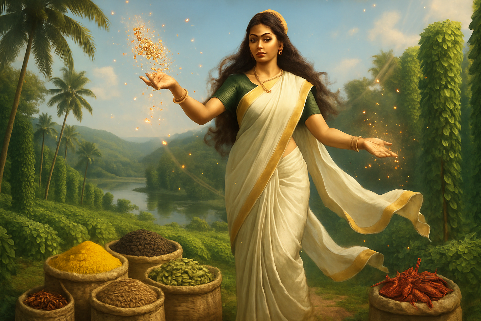 Vibrant Spice Market in Kochi, Kerala, South India, features a divine Bhumidevi figure among baskets of turmeric, cardamom, pepper and chili, evoking exotic aromas, cultural heritage, lush tropical landscape, tradition. Vibrant Spice Market in Kochi, Kerala, South India, features a divine Bhumidevi figure among baskets of turmeric, cardamom, pepper and chili, evoking exotic aromas, cultural heritage, lush tropical landscape, tradition.