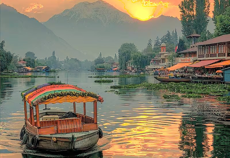 A colorful Shikara boat at sunset on Dal Lake in Srinagar, Jammu and Kashmir, a region known for Betaab Valley, Aru Valley, and nearby saffron fields. A colorful Shikara boat at sunset on Dal Lake in Srinagar, Jammu and Kashmir, a region known for Betaab Valley, Aru Valley, and nearby saffron fields.