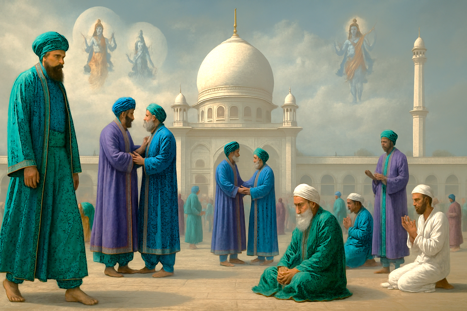 A digital artwork depicting Muslim men at a mosque in Srinagar, Jammu and Kashmir, a region known for Betaab Valley, Aru Valley, and nearby saffron fields. A digital artwork depicting Muslim men at a mosque in Srinagar, Jammu and Kashmir, a region known for Betaab Valley, Aru Valley, and nearby saffron fields.