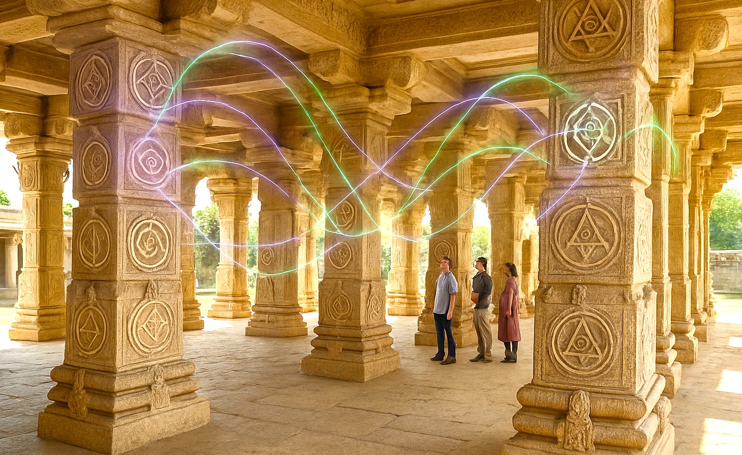 Srirangapatna Fort, near Mysore in Karnataka, India, showcases majestic stone carvings, towering pillars, and unique vibrant digital soundwave-inspired light trails blending history and modern artistry.