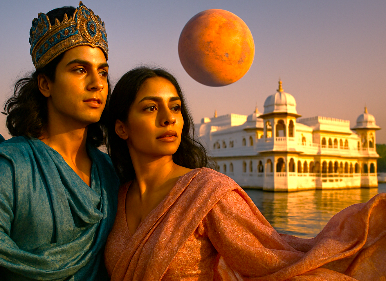 Stunning ultra-realistic portrait of Krishna and a princess in dynamic flowing garments at Taj Lake Palace on Lake Pichola, Udaipur, Rajasthan, India, against dreamy sunset sky with Mars hovering overhead.