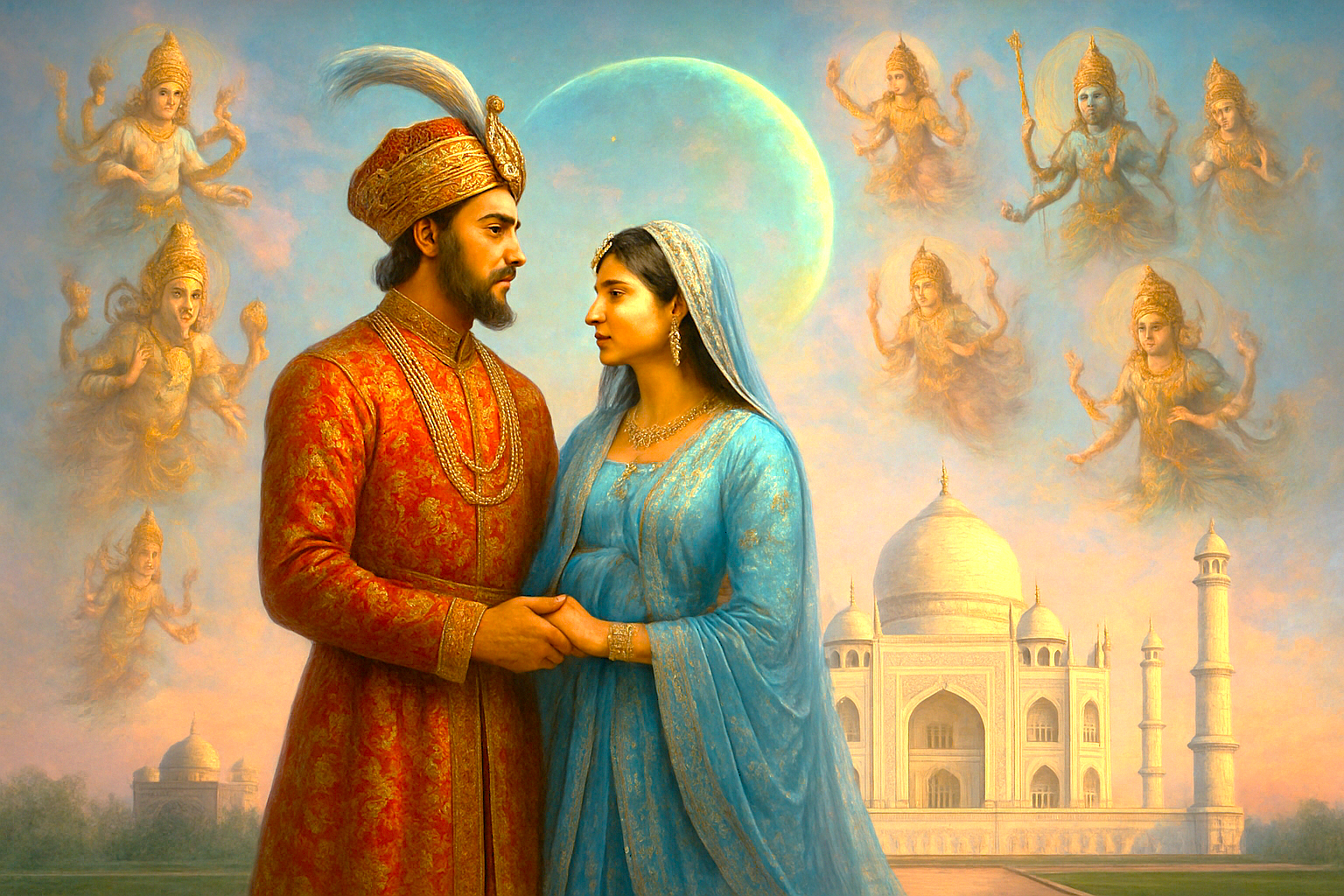 : “Romantic cinematic painting of Shah Jahan and Mumtaz Mahal before the majestic Taj Mahal in Agra, Uttar Pradesh, India, surrounded by divine devas, a half-green planet above, and Agra Fort.” : “Romantic cinematic painting of Shah Jahan and Mumtaz Mahal before the majestic Taj Mahal in Agra, Uttar Pradesh, India, surrounded by divine devas, a half-green planet above, and Agra Fort.”