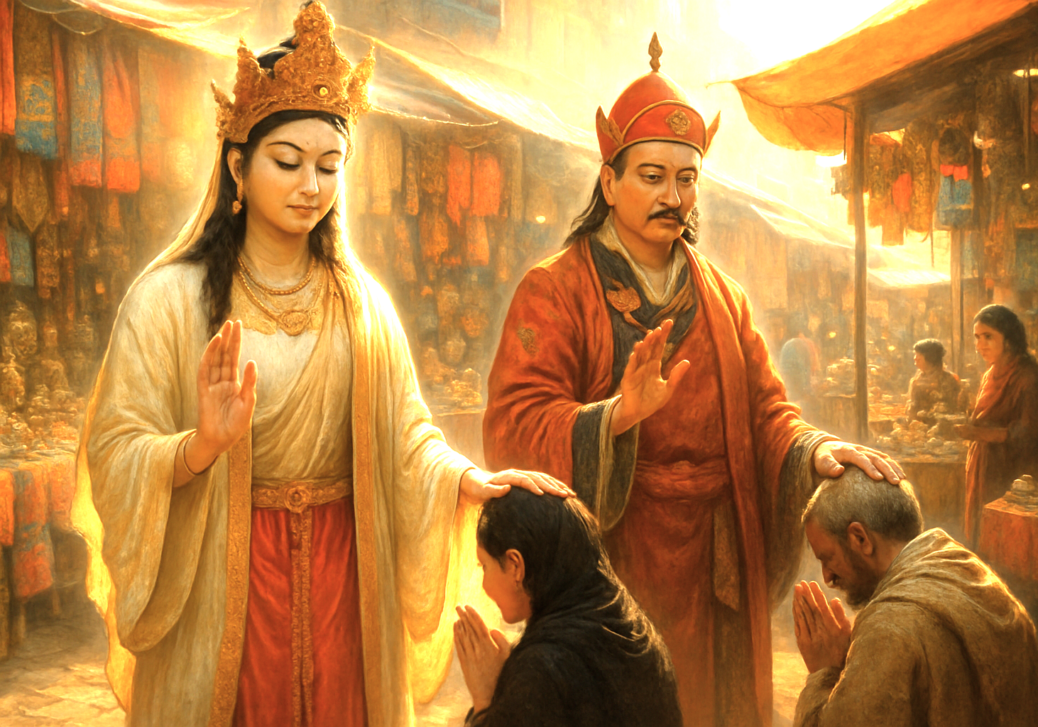 An artistic rendering of Bodhisattva and Padmasambhava blessing devotees at the vibrant Tibetan Market in Delhi, India, a spiritual hub near UNESCO sites like Qutb Minar, UNESCO Red Fort, and UNESCO Humayun's Tomb. An artistic rendering of Bodhisattva and Padmasambhava blessing devotees at the vibrant Tibetan Market in Delhi, India, a spiritual hub near UNESCO sites like Qutb Minar, UNESCO Red Fort, and UNESCO Humayun's Tomb.