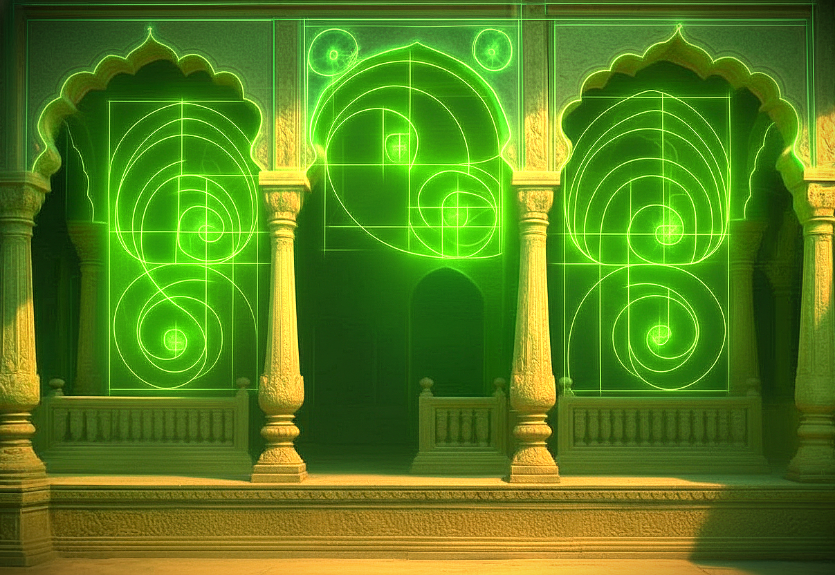 Tipu Sultan Palace, Bangalore, India, showcases sacred geometry through neon green Fibonacci spiral and golden ratio architectural overlays, blending historic elegance with a futuristic holographic aesthetic Near Mysore Palace.