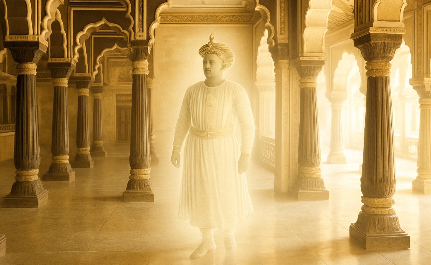 Ethereal silhouette of Tipu Sultan within Bangalore’s historic Summer Palace in Karnataka, India, illuminated by golden light, showcasing Indo-Islamic arches, ornate columns, spiritual royal heritage. Ethereal silhouette of Tipu Sultan within Bangalore’s historic Summer Palace in Karnataka, India, illuminated by golden light, showcasing Indo-Islamic arches, ornate columns, spiritual royal heritage.