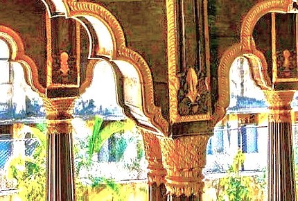 Intricate Indo-Islamic arches of Tipu Sultan Palace in Bangalore, Karnataka, India evoke mystical ambiance with carved wooden columns, vibrant murals, royal heritage, historic architectural craftsmanship. Intricate Indo-Islamic arches of Tipu Sultan Palace in Bangalore, Karnataka, India evoke mystical ambiance with carved wooden columns, vibrant murals, royal heritage, historic architectural craftsmanship.