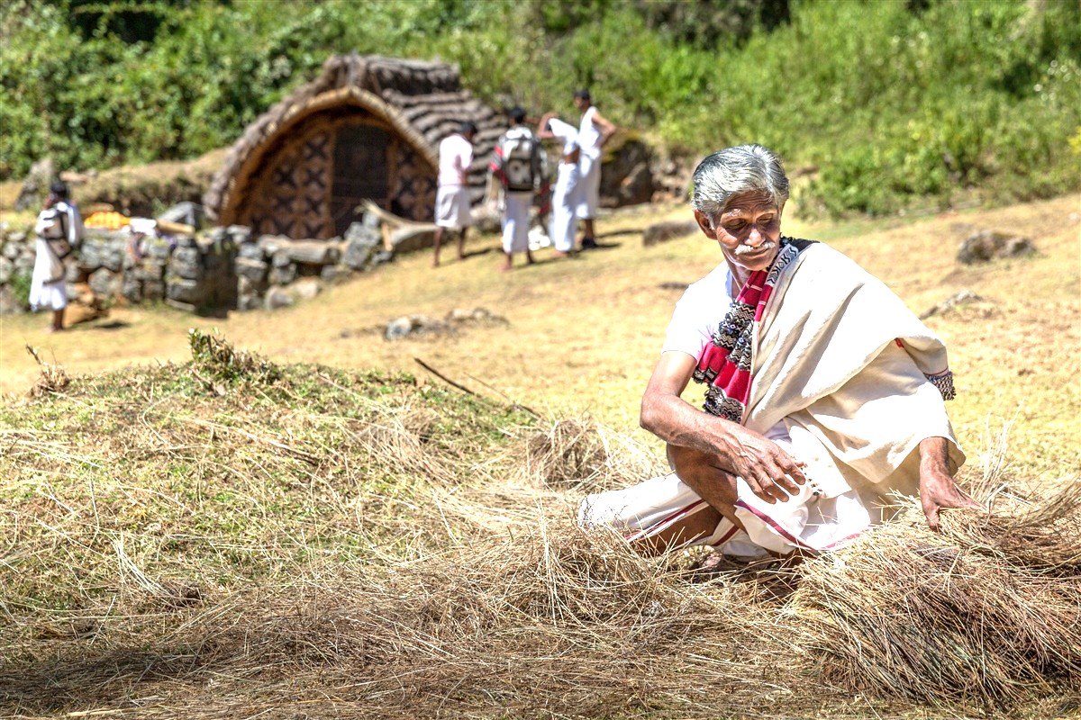 An elder from Todi Village demonstrates the ancestral relationship with the land while building a traditional hut, a cultural highlight for tourists visiting Ooty, Kerala, India, near Munnar and the Unesco Western Ghats. An elder from Todi Village demonstrates the ancestral relationship with the land while building a traditional hut, a cultural highlight for tourists visiting Ooty, Kerala, India, near Munnar and the Unesco Western Ghats.
