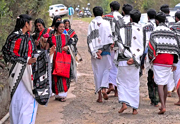 Bagaga tribe in traditional attire walk along a rural path in Todi Village near Ooty, Tamil Nadu, Southern India, showcasing vibrant communal heritage and celebration. Bagaga tribe in traditional attire walk along a rural path in Todi Village near Ooty, Tamil Nadu, Southern India, showcasing vibrant communal heritage and celebration.
