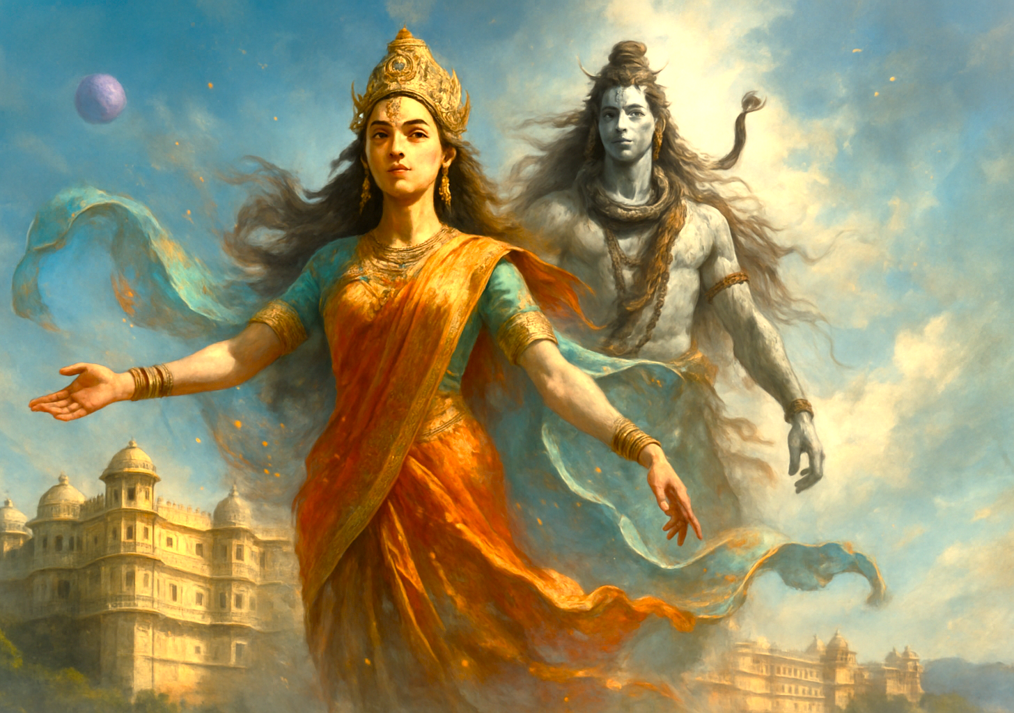 Mythical depiction of Goddess Gauri and Lord Shiva standing above Udaipur City Palace in Rajasthan, India, featuring dynamic flowing garments, vibrant lighting, ethereal atmosphere, volumetric mist, and symbolic purple planet. Mythical depiction of Goddess Gauri and Lord Shiva standing above Udaipur City Palace in Rajasthan, India, featuring dynamic flowing garments, vibrant lighting, ethereal atmosphere, volumetric mist, and symbolic purple planet.