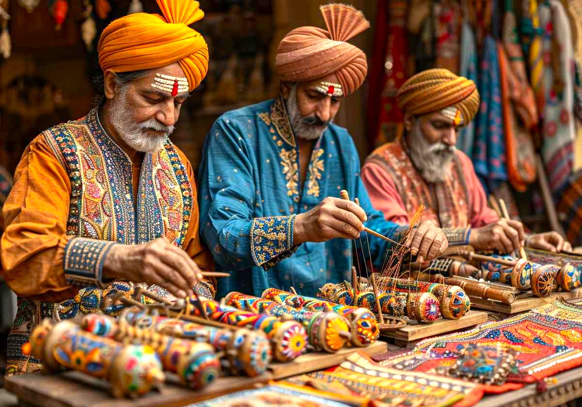 Colorful traditional artisans in Udaipur, Rajasthan, India meticulously crafting vibrant hand-embroidered textiles and lacquerware at an authentic bustling heritage market stall, showcasing centuries-old local craftsmanship, cultural artistry and immersive experience. Colorful traditional artisans in Udaipur, Rajasthan, India meticulously crafting vibrant hand-embroidered textiles and lacquerware at an authentic bustling heritage market stall, showcasing centuries-old local craftsmanship, cultural artistry and immersive experience.