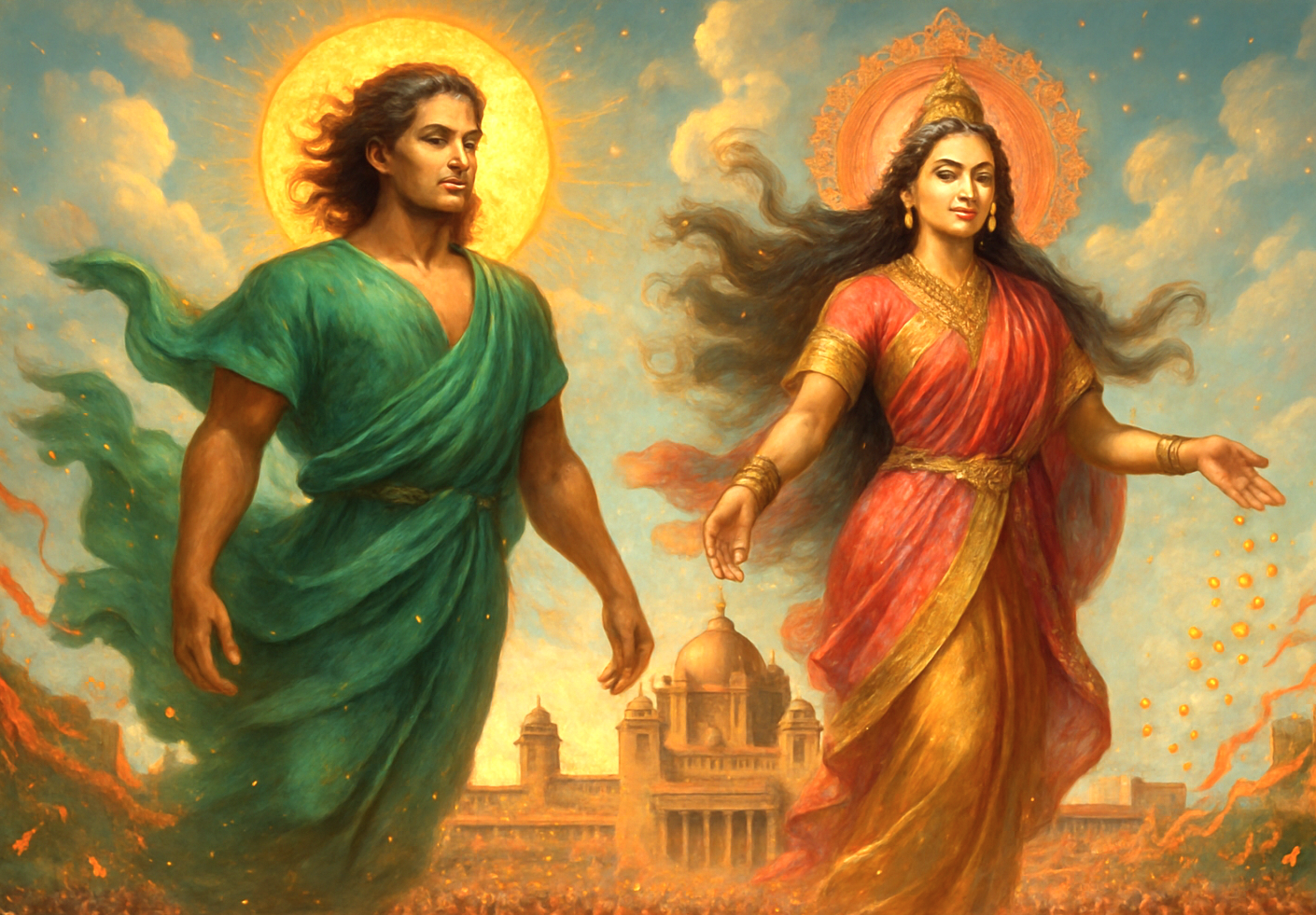 “Surya and Goddess Lakshmi hover above Umaid Bhawan Palace in Jodhpur, Rajasthan, India, surrounded by dynamic flowing garments, radiant golden sun disk, cascading coins, vibrant festival crowds, light, architectural backdrop.”