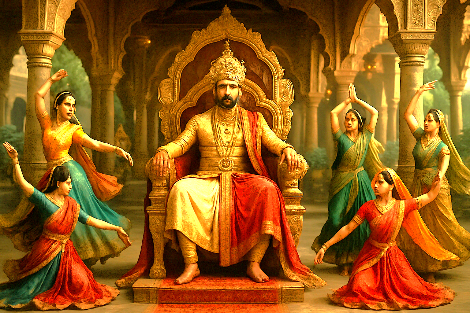 This artistic vision explores the relationship between a king and his court dancers, evoking the cultural heritage of Uttar Pradesh, India, a history tourists discover when visiting Agra's Taj Mahal, Agra Fort, Fatehpur Sikri, Keoladeo National Park, and the spiritual cities of Varanasi and Mathura.