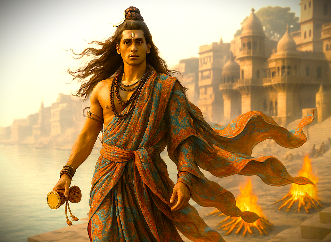 Ancient Hindu sage draped in saffron robes stands along the Ganges in Varanasi, Uttar Pradesh, India, near the Sanarth Temple and Buddha shrine, overlooking stone ghats and glowing ritual fires.