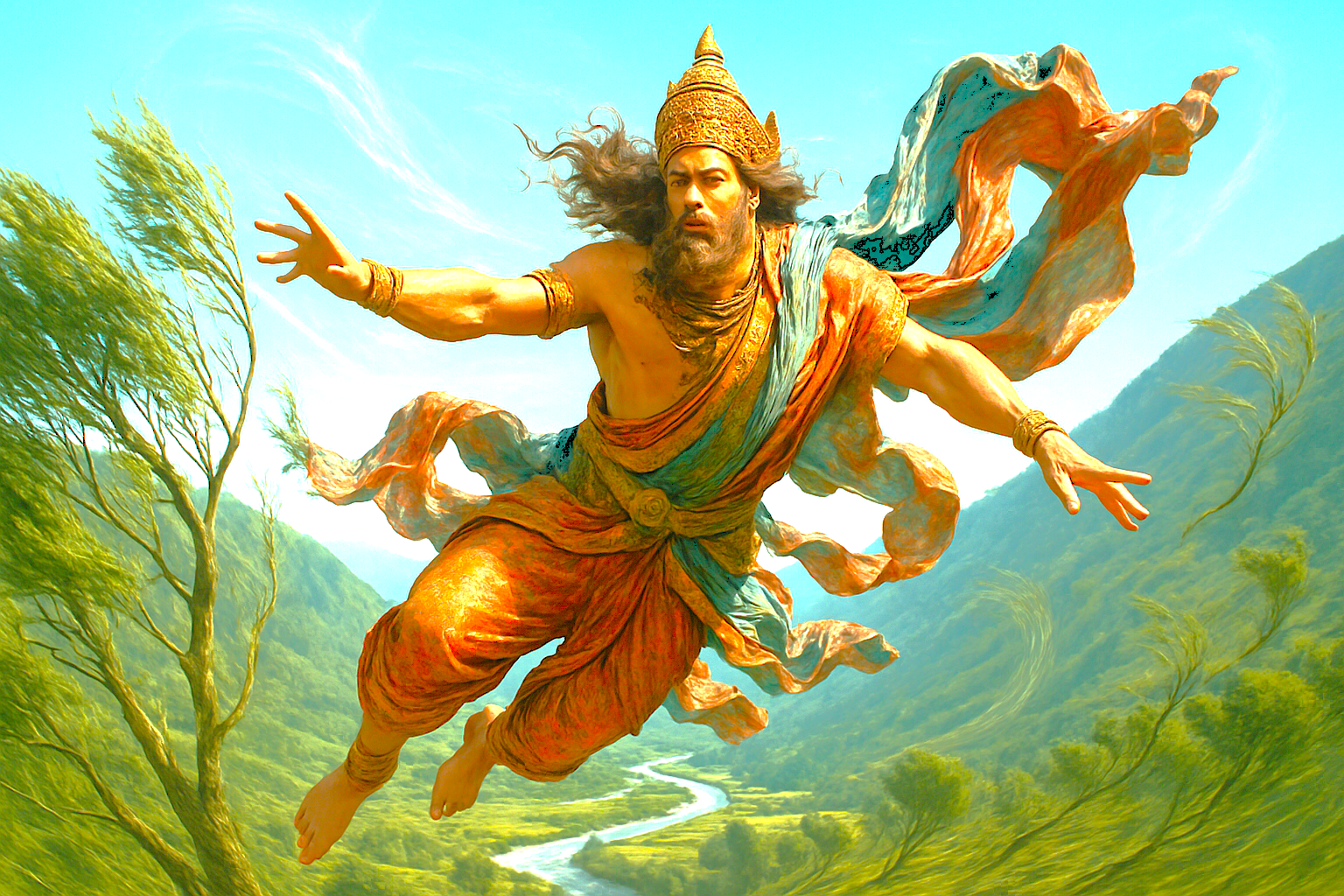 Ultra-realistic depiction of Vayu, the Hindu God of Wind, dramatically flying over mountains, symbolizing the power and adventure of Hot Air Ballooning Srinagar near Nigeen Lake, a travel highlight in Jammu and Kashmir, India.