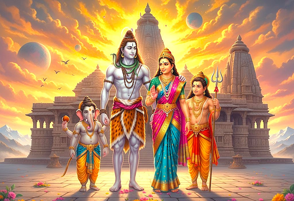 A divine depiction of Lord Shiva's family (Parvati, Ganesha, Kartikeya) standing before a temple, representing the devotion central to Vishveshwara Temple, Anantnag, and Shankaracharya Hill in Srinagar, Kashmir-India. A divine depiction of Lord Shiva's family (Parvati, Ganesha, Kartikeya) standing before a temple, representing the devotion central to Vishveshwara Temple, Anantnag, and Shankaracharya Hill in Srinagar, Kashmir-India.